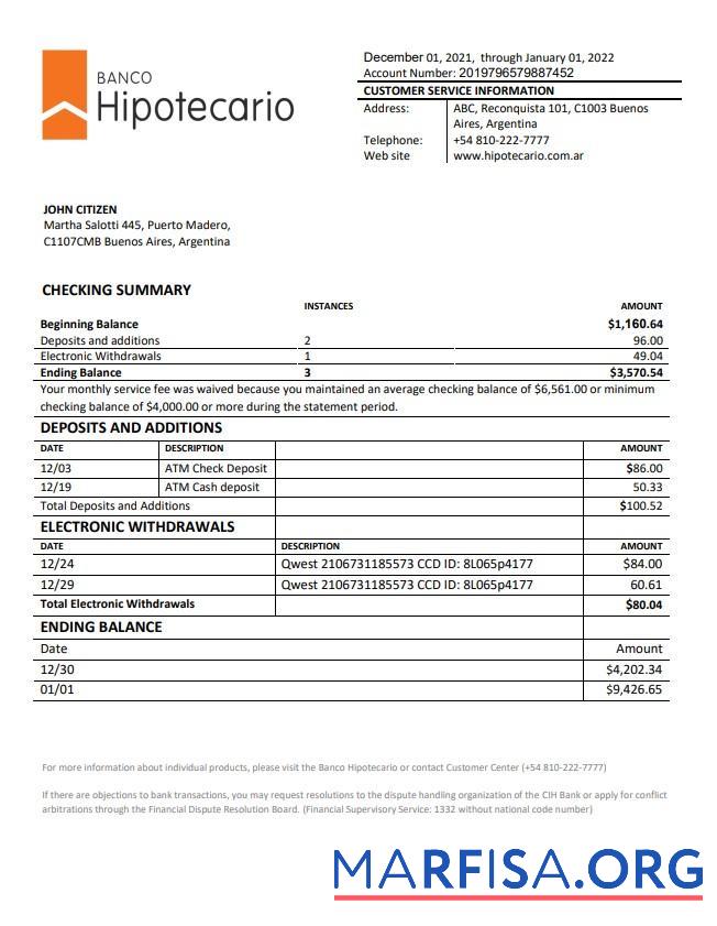 Blank Argentina Banco Hipotecario bank statement example